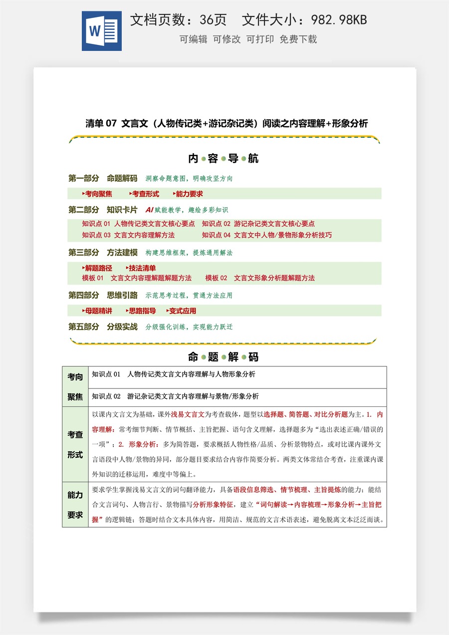 初中-语文-中考语文-二轮复习知识点-清单07 文言文（人物传记类+游记杂记类）阅读之内容理解+形象分析（知识·方法·能力清单）（学生版）.docx